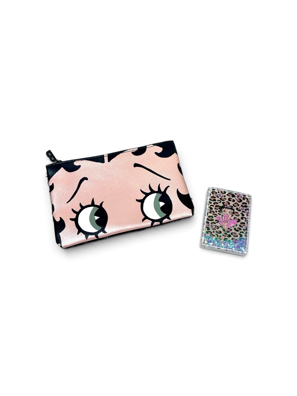Pink Betty Boop Zip Pouch with Leopard Glitter Mirror